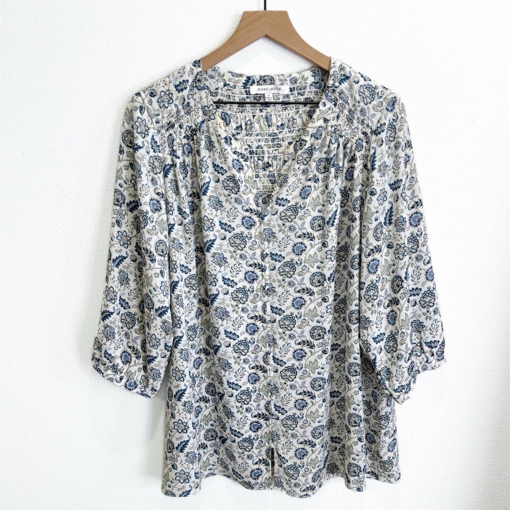 Rose & Olive Top Womens 1X Plus Blue Floral Button Up Cottagecore Coastal Beachy